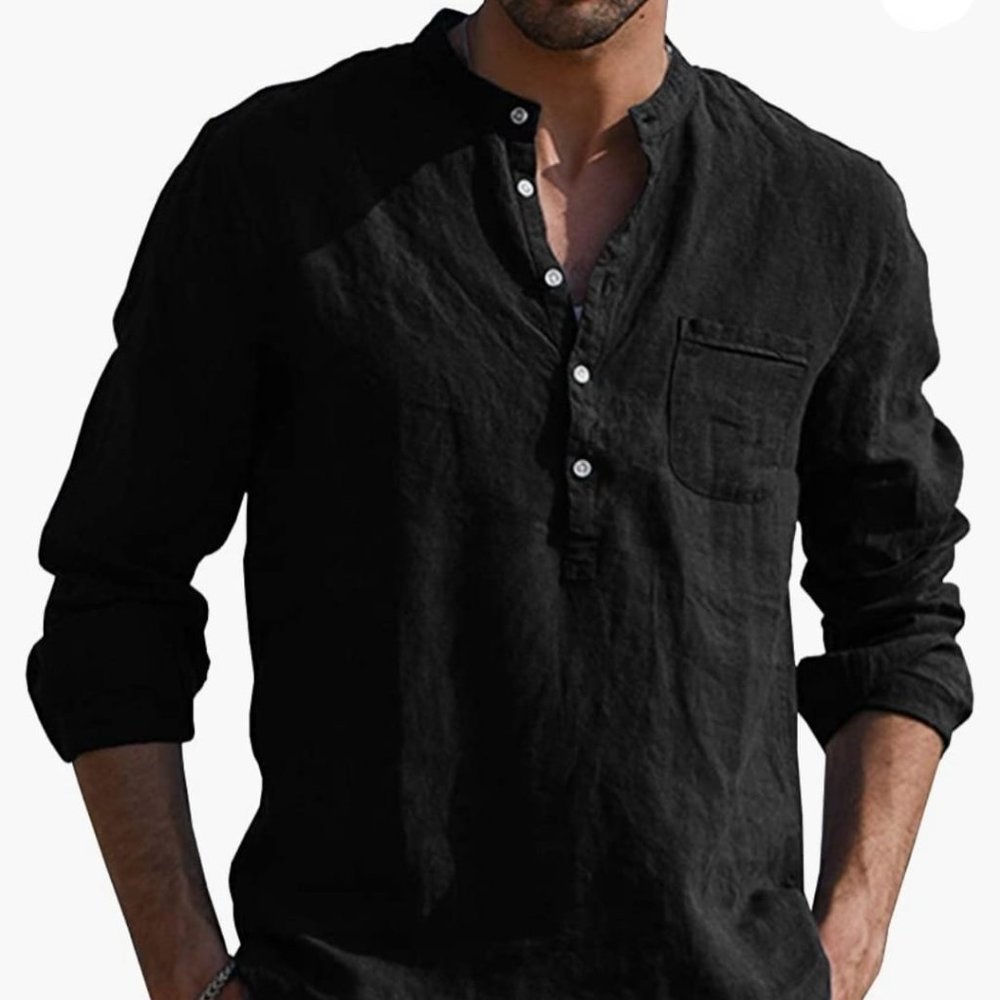 URRU Men's Linen Cotton Blend Henley Shirt LARGE